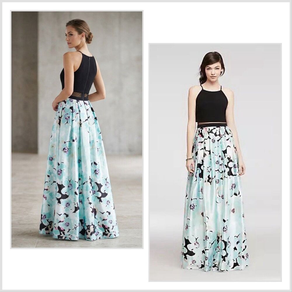 Maxi Spring Wedding Guest Dress 4 Mesh Waist Panel Black Top Blue Floral Skirt